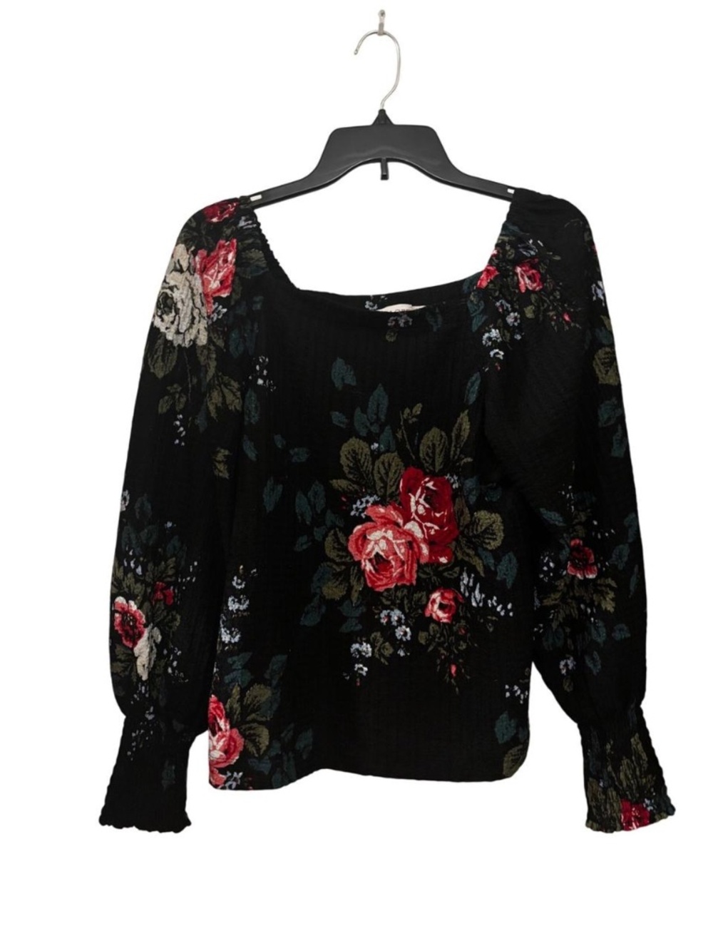 LOFT Black Floral Rose Print Peasant Blouse Large Long Sleeve Smocked Cuff Top - Picture 3 of 4
